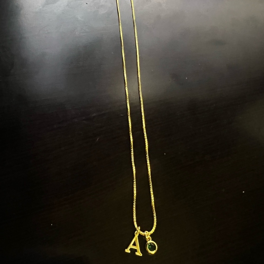 Gold Initial Necklace with Green Gem - Picture 2 of 2